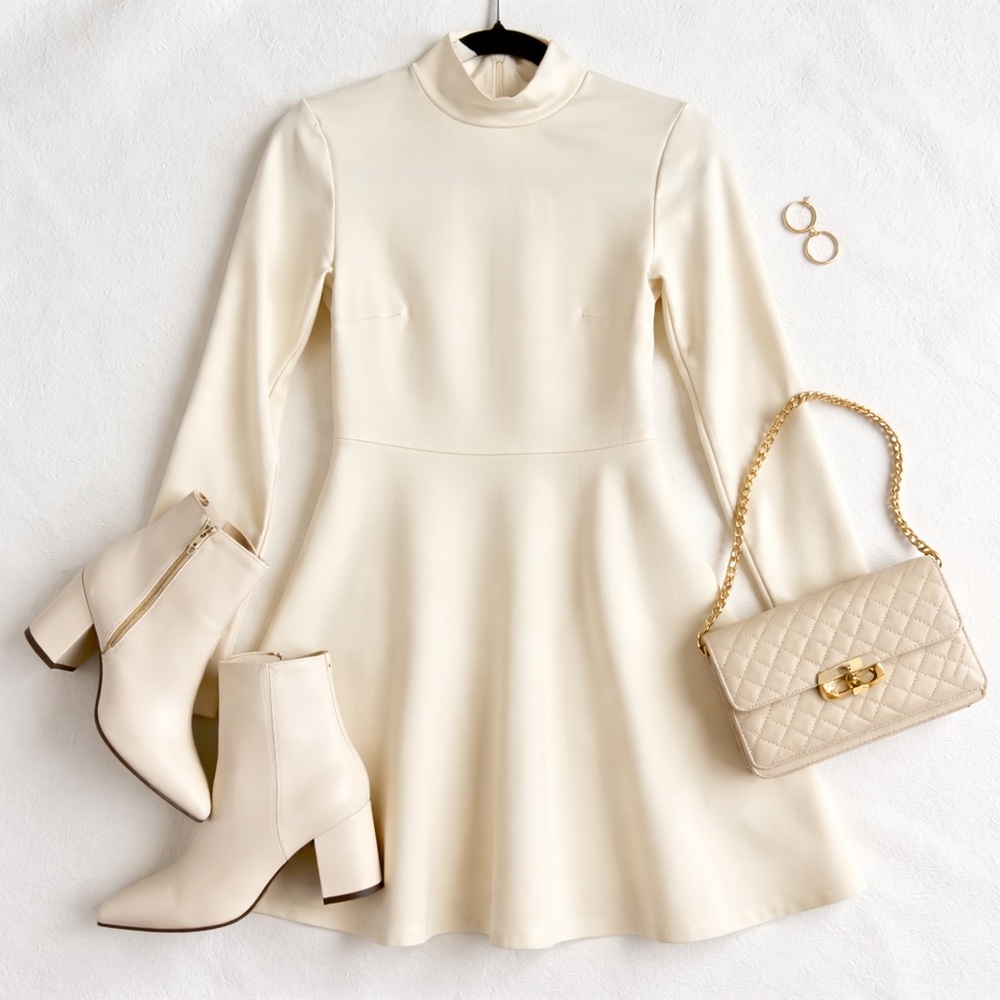 Sunday Best Cream Mock Neck Fit & Flare Mini Dress Size S Long Sleeve Skater